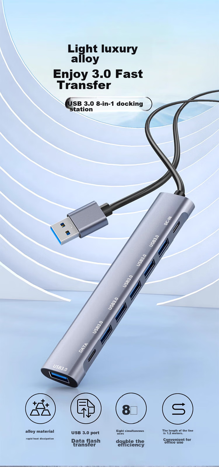 Youlianxing USB Hub Extender, 8 Ports, 1 Meter, USB 3.0 Expansion HUB, One-To Adapter, Suitable for Huawei, Lenovo Desktop Computers, Laptops, Mouse, Keyboard, Hard Drive 1