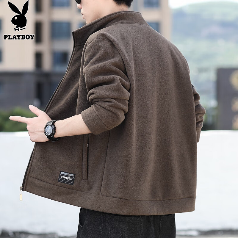 PLAYBOY Men's Jacket Autumn Winter Stand Collar Fleece Loose Casual Coffee XL