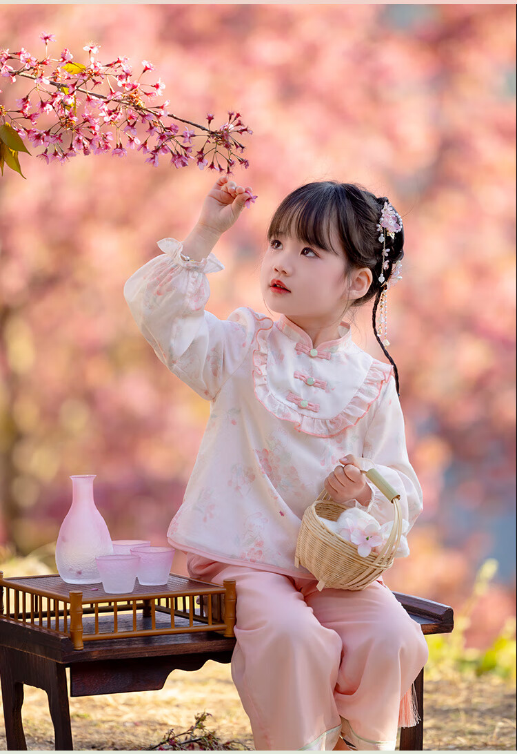 Menghu Jinse Hanfu Girls' Spring 2026 New Chinese Tang Suit, Children's Traditional Ancient Costume Pants Set, Pink, Size 130 2