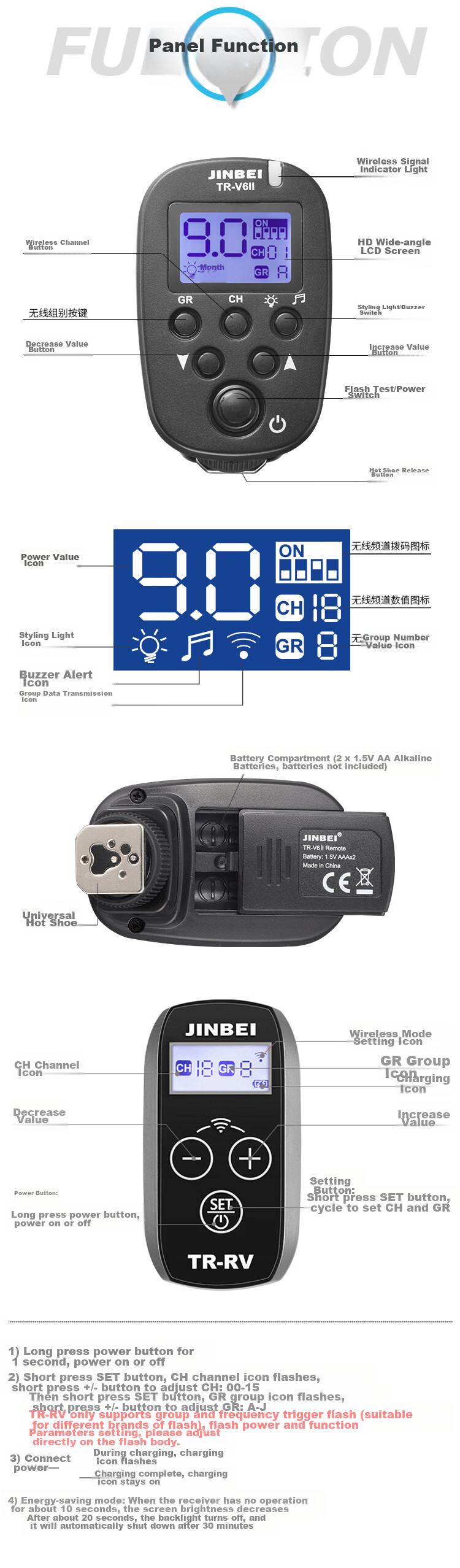 JINBEI TR-V6II Flash Trigger, Wireless Flash Trigger with Remote Control, Trigger for DSLR Cameras, Universal Version, TR-V6II Transmitter 10