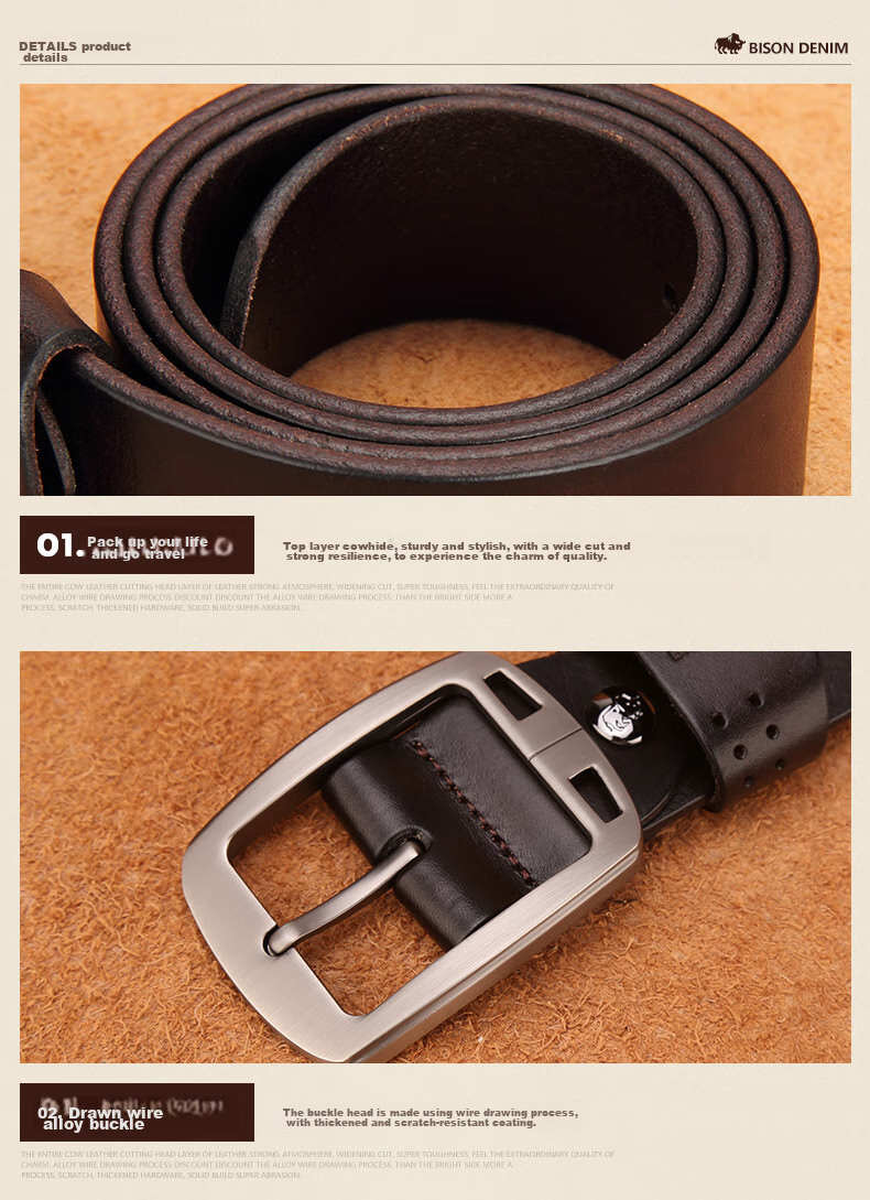 American Bison Men's Genuine Leather Belt Casual Vintage Cowhide Pin Buckle Waistband Birthday Gift for Boyfriend 20