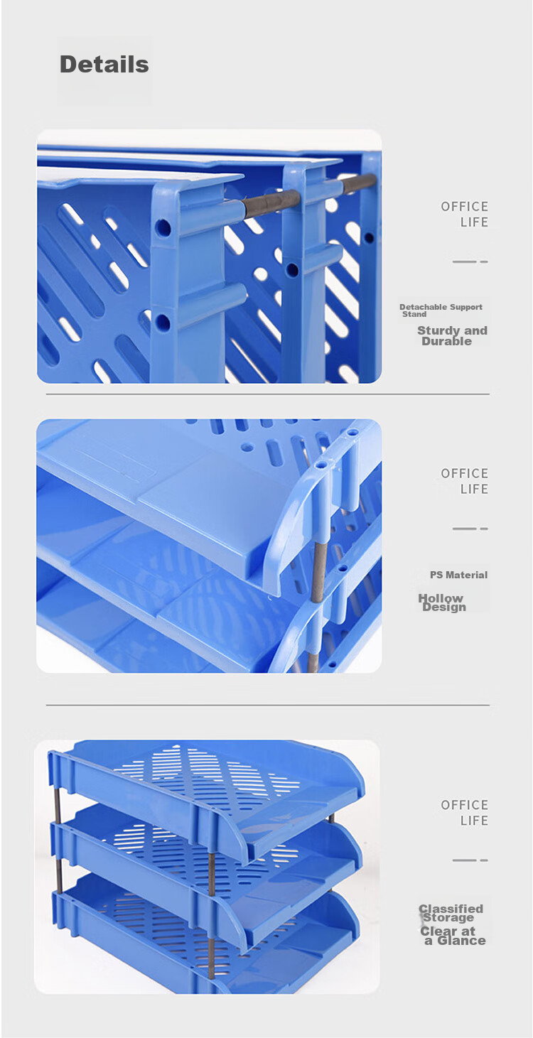 TANGO Three-Tier File Organizer, Detachable, PP Material, Blue, A4 Size, Office Storage, Exam Season, 3-Section Document Holder Tray Stand, 260*330*265mm 8