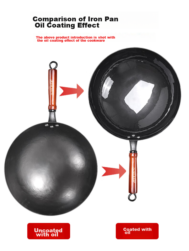 OLOFE Zhangqiu Black Iron Wok, Non-Coated, Lightweight, Round Bottom, Forged, Traditional Gas Stove, Large Stir-Fry Pan, Quiet Operation, 32cm 15