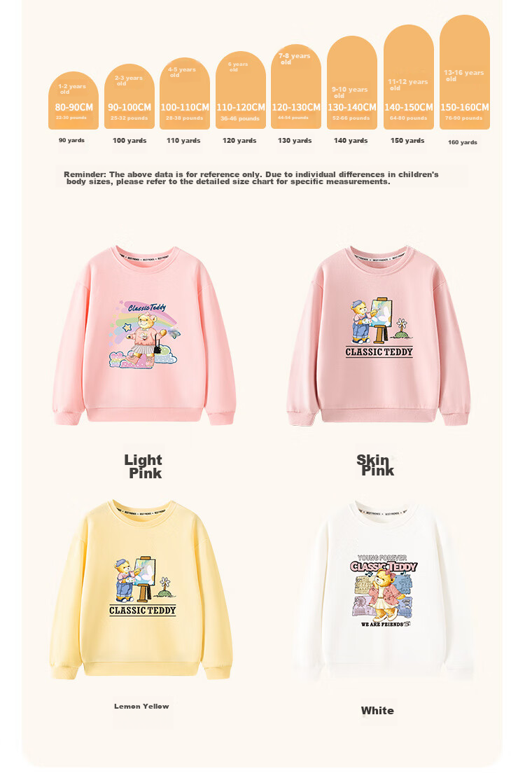 Classic Teddy Girls' Sweatshirt, Children's Autumn Wear, Casual Top for Young Kids, Fashionable And Versatile, Light Pink, Size 100 6