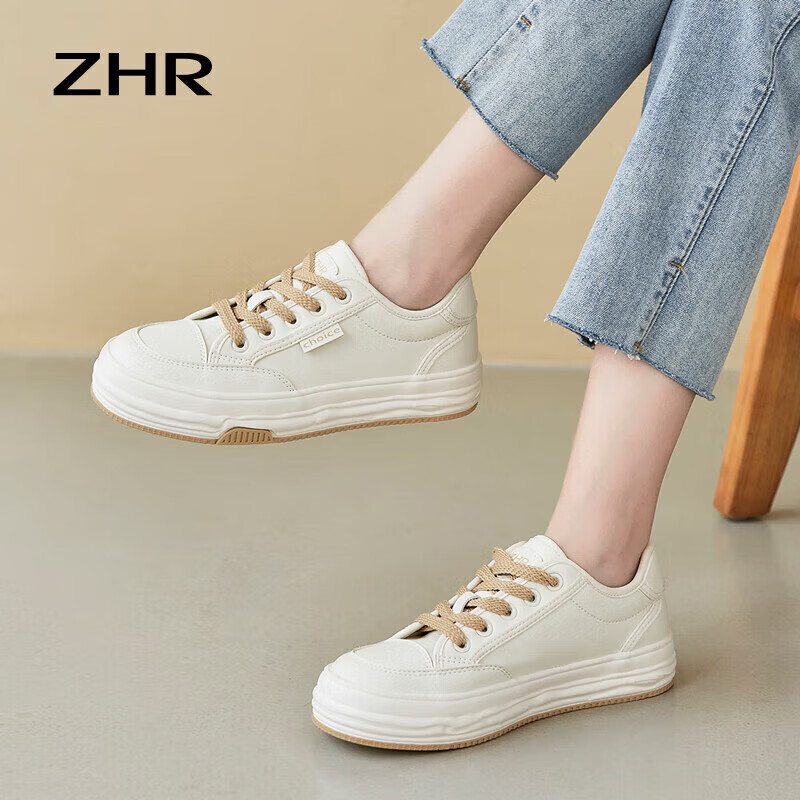 ZHR White Sneakers for Women, Trendy And Versatile Casual Shoes, Low-Top Round Toe Thick-Soled Comfortable Women's Shoes AT128 Beige 37