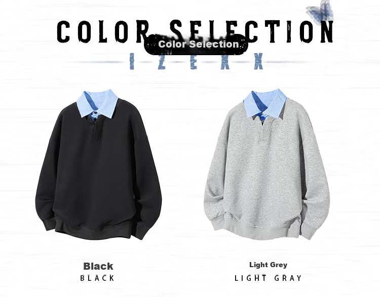 IZEXX Korean-Style POLO Shirt, Faux Two-Piece Contrasting Color Patchwork Sweatshirt, Men's Autumn Style, Turn-Down Collar Pullover Top, GW32 Black, Size M 3
