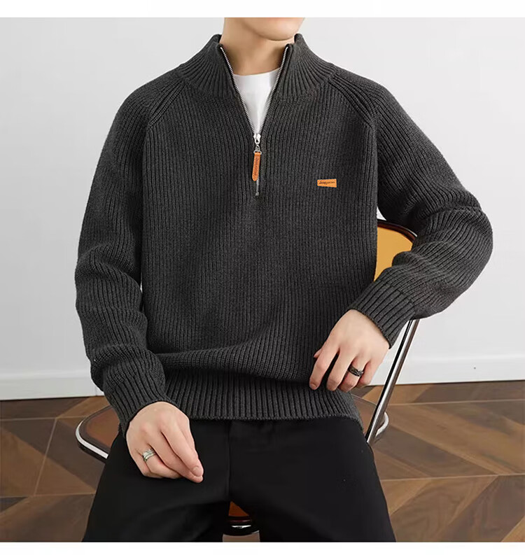 JEEP Men's Winter Thickened Zipper Base Layer Sweater Loose Knitwear Dark Gray M 5