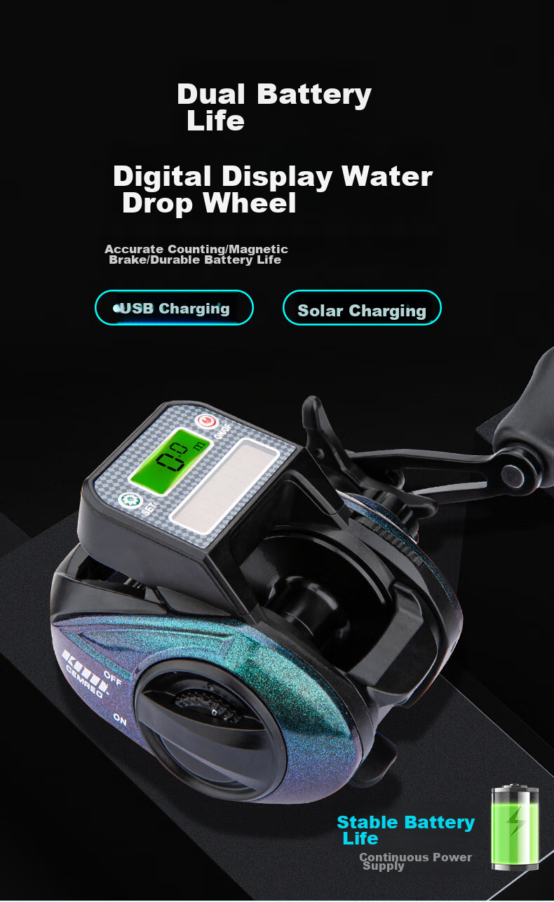 Kemailei Digital Display Lure Fishing Reel with Magnetic Water Drop Wheel, Solar USB Rechargeable, Suitable for Raft Fishing, Bridge Fishing, Boat Fishing, And Fishing Line Reel - Right 1