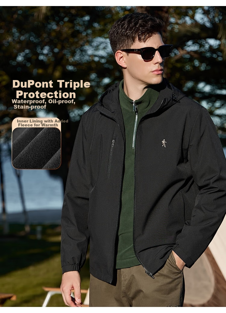 DANCING WOLVES [Tech Triple Protection & Fleece Lining] Autumn And Winter Outdoor Hooded Jacket for Men, Style 001 Black, Size 170 1