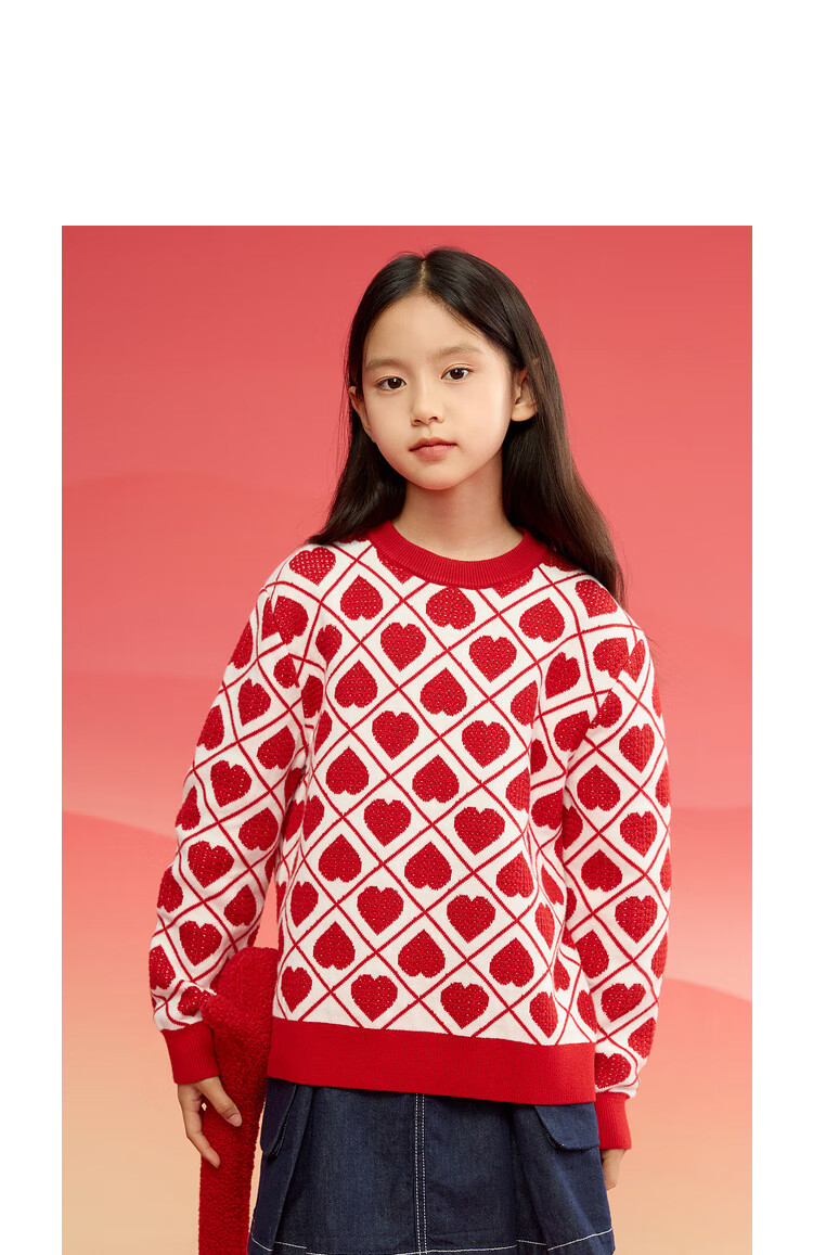 BALABALA Girls' Sweater, Children's Knitwear, Spring Clothing for Kids, Heart Pattern, for Older Children, Trendy Knitted Top, 208125103002 2