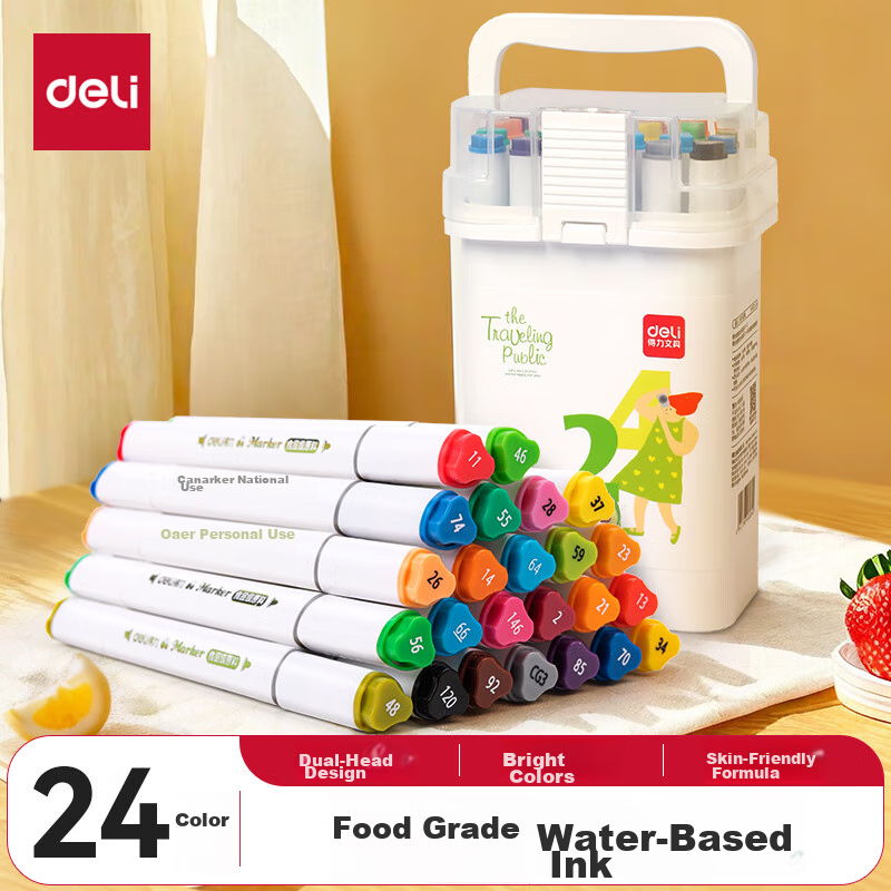 Deli [Back to School Stationery] 24-Color Food-Grade Water-Based Markers, Children's Dual-Tip Triangular Handle, Washable Watercolor Pens, Student Art Supplies, New Year Tree Painting Pens, Highlighters for Art Educatio