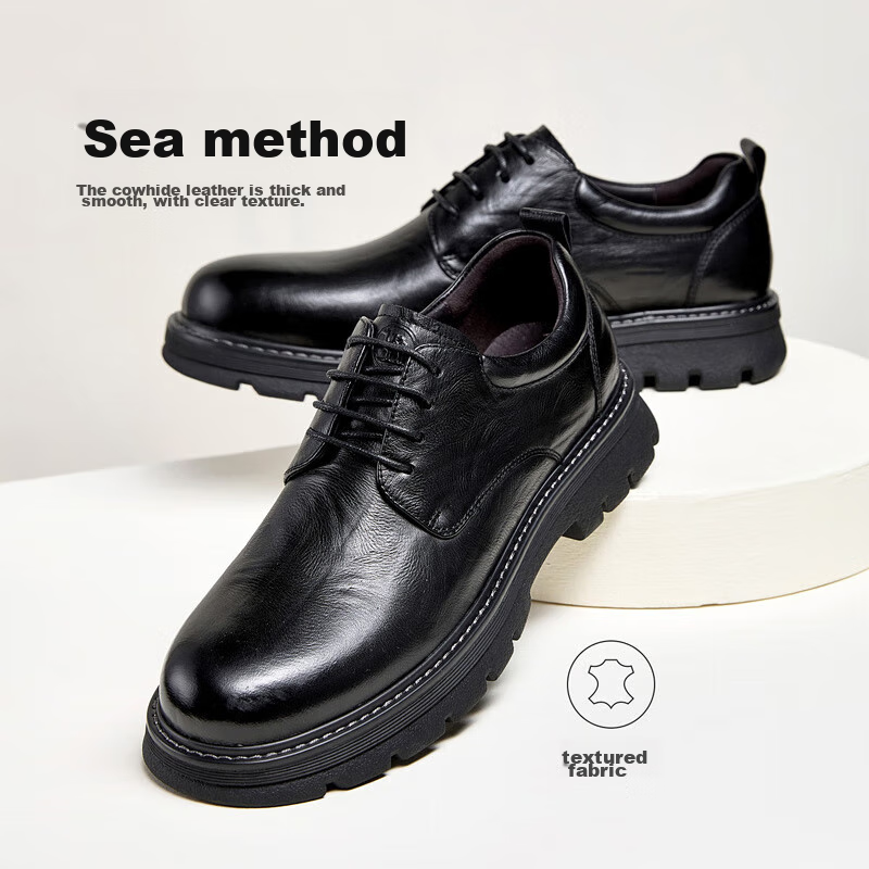 CAMEL Brand Casual Commuter Leather Shoes, Cowhide Wrinkled Vintage Formal Men's Wedding Shoes P14A201635 Black Size 39