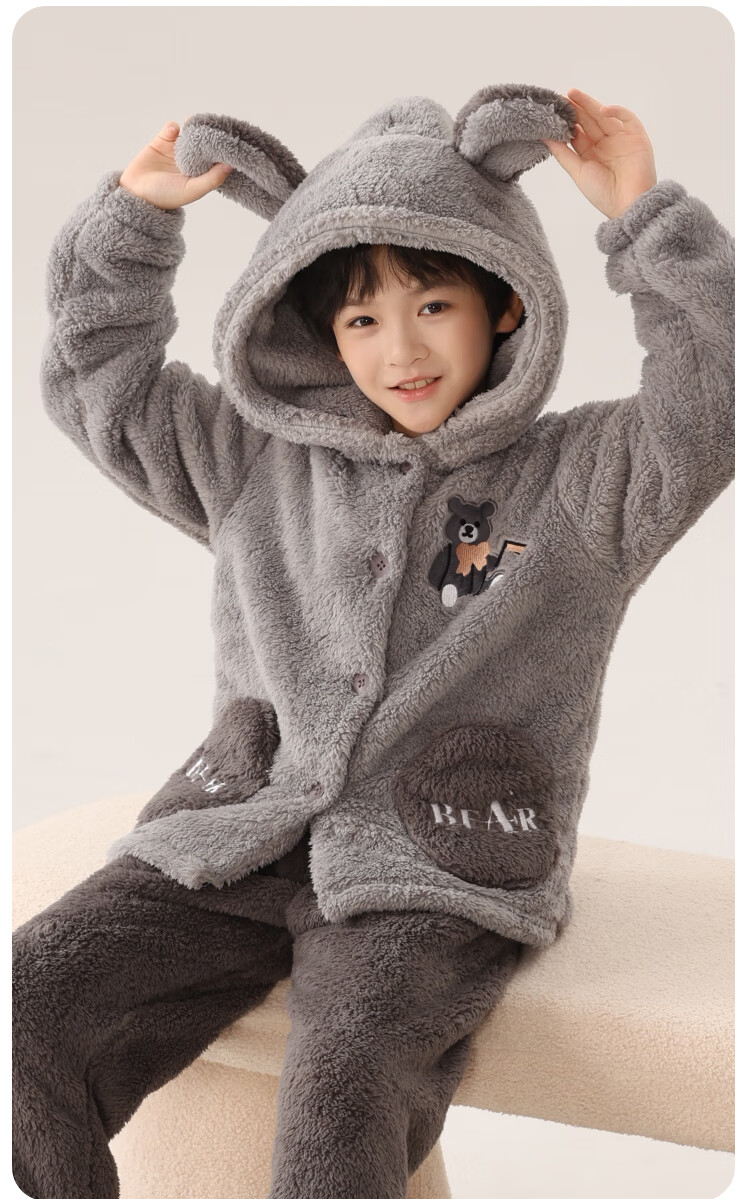 MiiOW Coral Fleece Children's Pajamas, Boys' Set, Thick Flannel Bear Hug Loungewear, New Autumn And Winter Style 2024, Size 150 8