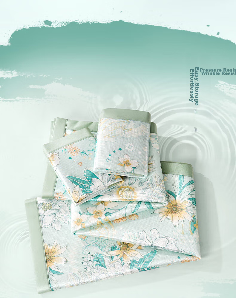 FUANNA Qingge Ice Silk Cooling Mat, Cool-Feeling Printed Soft Mat, Double Size, Three-Piece Set, Green 1.5*2 Meters [Washable] 11