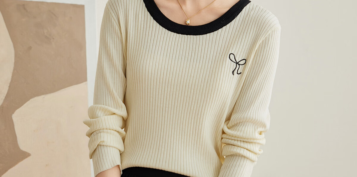 PinCai Women's Knit Sweater, Early Autumn Round Neck Bow Embroidery Knit Top, Slim-Fit Base Layer Sweater P143Z3009 60