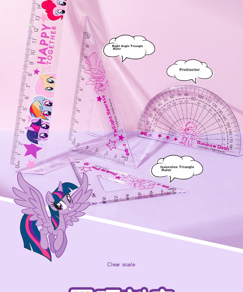 YIZHENG Drawing Set, Stationery, My Little Pony High-Quality 20cm Ruler Set of Four Pieces, Elementary School Students' Special Straight Ruler Triangle Ruler Protractor, Purple Set 5936 5