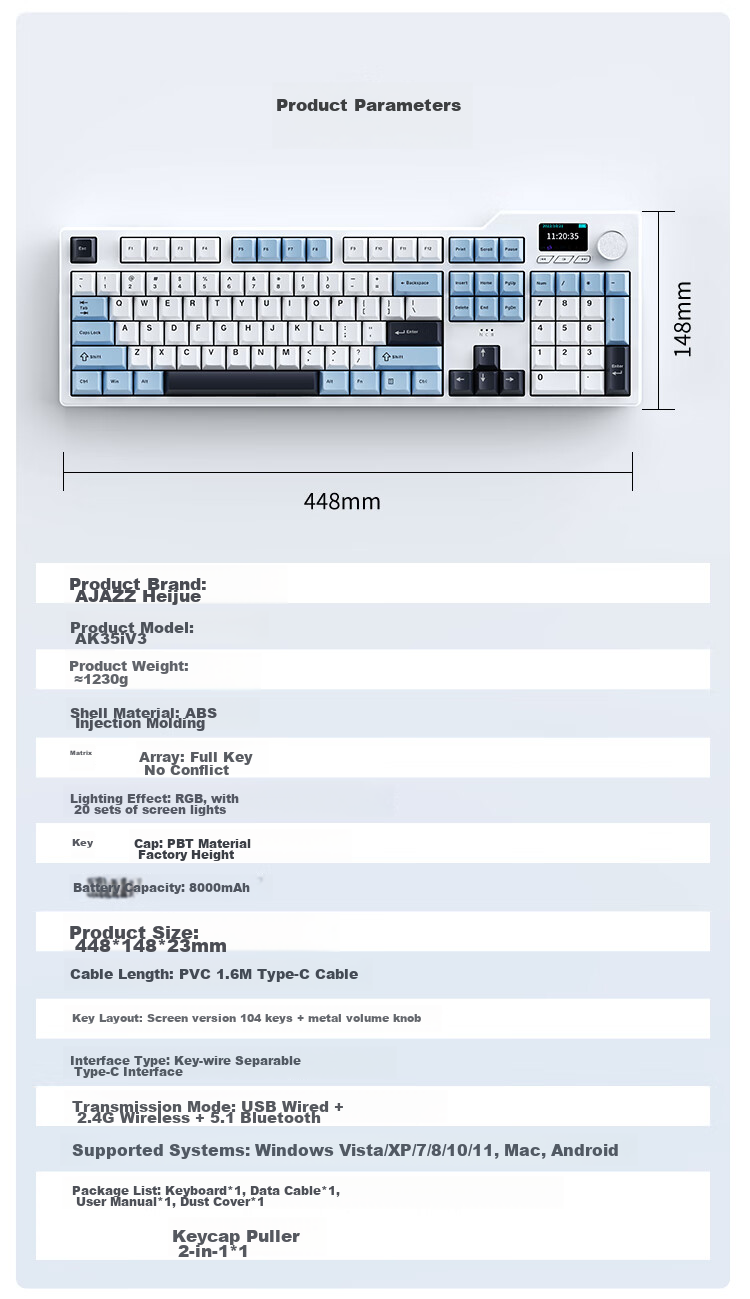 AJAZZ AK35IV3 Wired Hot-Swappable Customizable Mechanical Keyboard, 104 Keys, Gasket Structure, PBT Keycaps, 5-Layer Fill, Blue Light, Blue And White, Sea Salt Switches 17