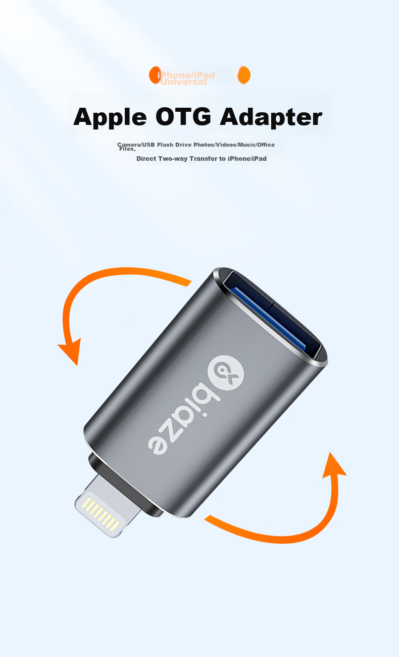 BIAZE Apple OTG Adapter, Lightning to USB Female Converter, IPad Mini IPad Accessory, Aluminum Alloy, Blue 8