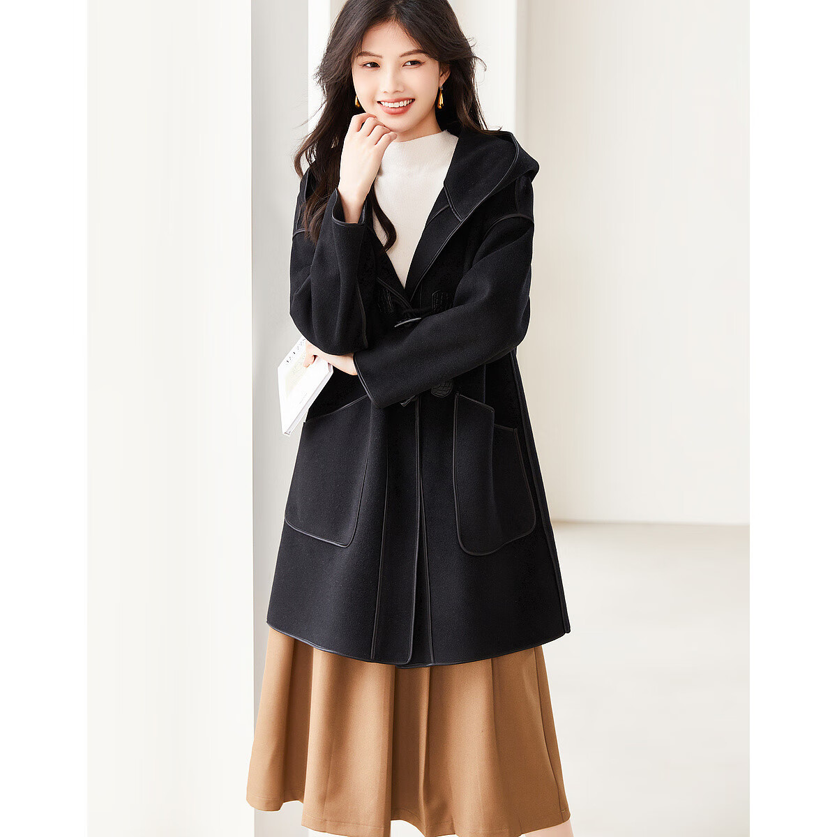 Dme Vintage Youthful Spring Autumn Hooded Straight Long Sleeve Drop Shoulder Double-Sided Wool Toggle Coat Women Mid-Length