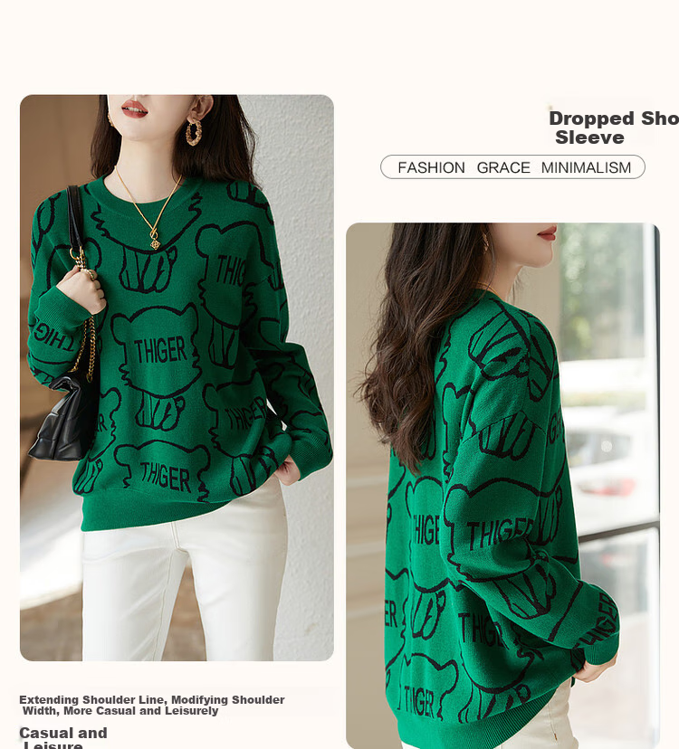 Dme [Containing Wool Letter Knit Sweater], Spring And Autumn Round Neck Drop-Shoulder Long-Sleeve Sweater for Women, Knitted Pullover 5