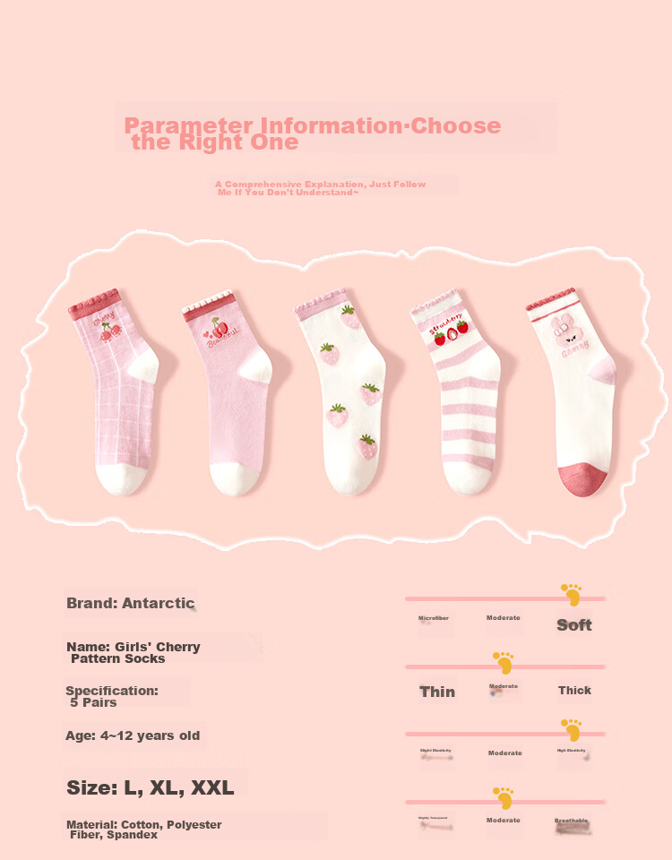 Nanjiren Children's Socks, Girls' Socks, Cotton Mid-Calf Socks, All-Season Socks for Older Children, 5 Pairs Pack, Small Heart Pattern, Size L 10