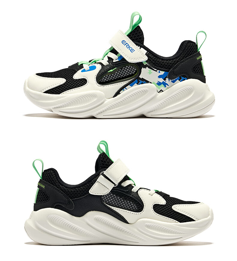 ERKE Children's Shoes, Boys' Velcro Casual Shoes, Kids' Summer Hollow Sandals, Black/micro-Crystal White/Lime Green, Size 36 30