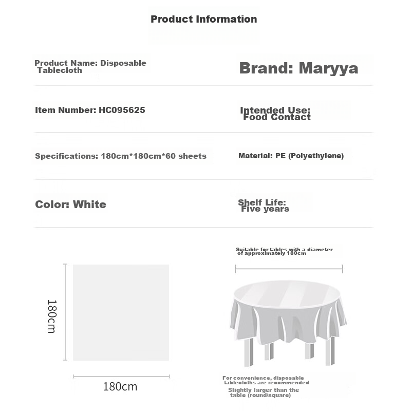 MARYYA Disposable Tablecloths, Thickened, 60 Pieces, Large Size, Rectangular And Round, for Dining Tables, Placemats, Barbecue, Picnic, Camping