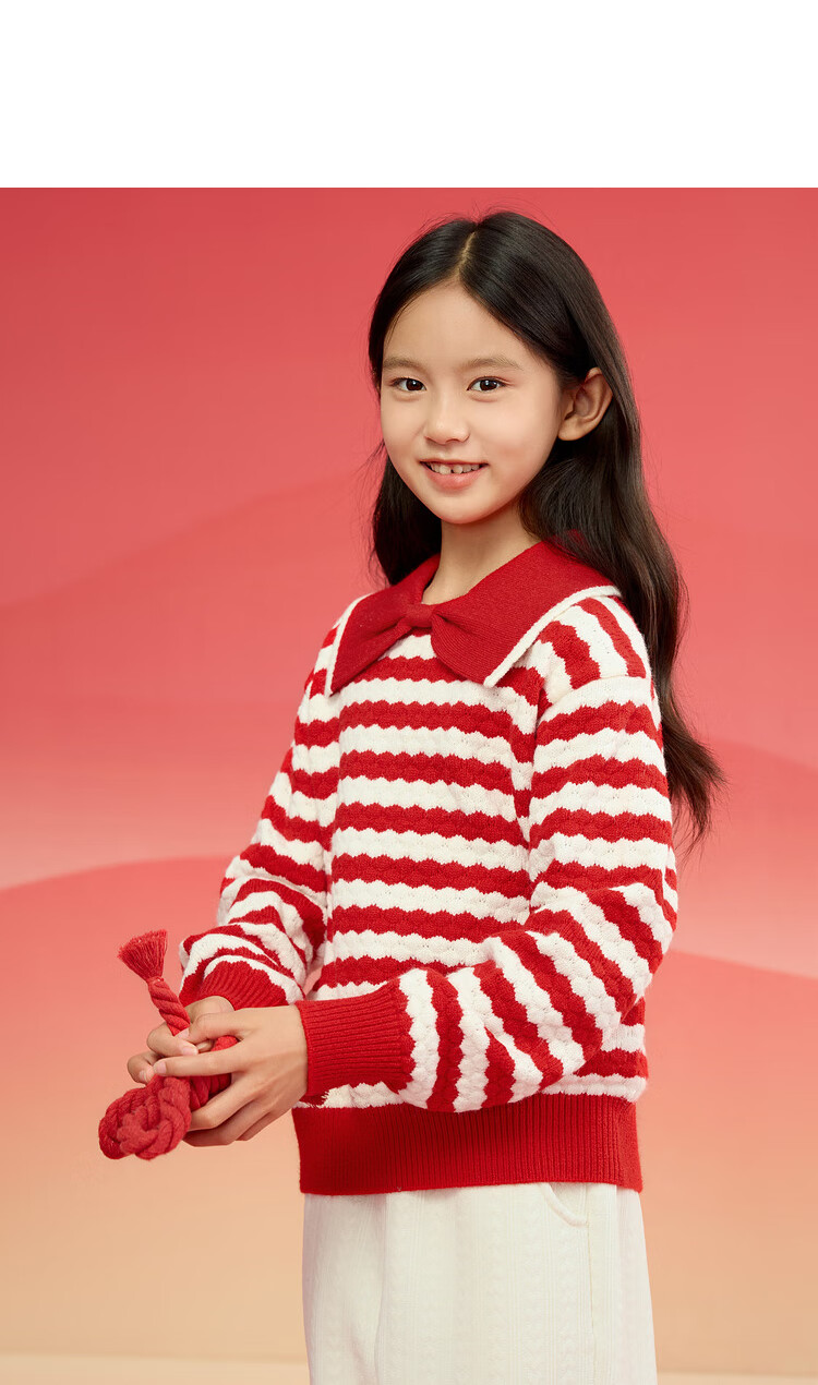 BALABALA Girls' Sweater, Children's Knitwear, Spring And Winter Striped Sweater, Bow-Tie Inner Layer Top 19