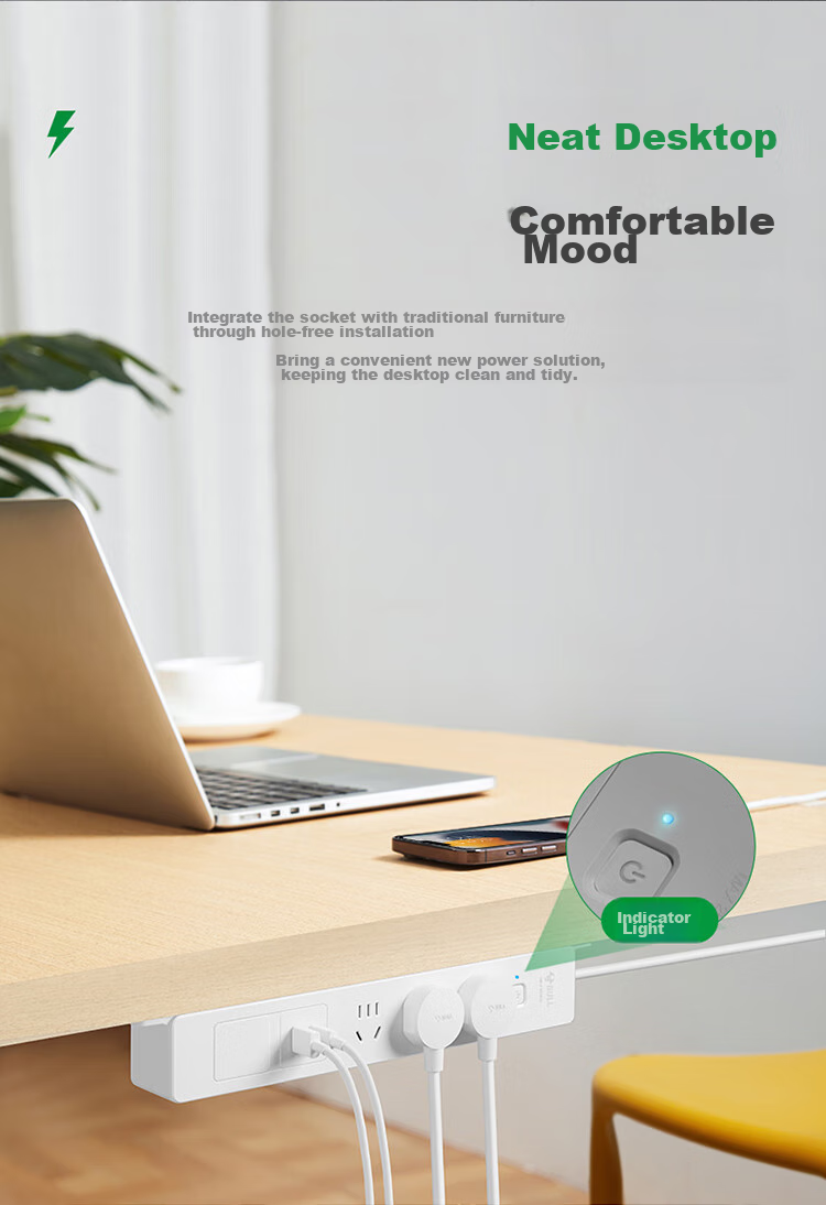 BULL No Drilling Required Under-Desk Embedded Socket/power Strip/power Bar/power Board/power Extension Cord, Multifunctional Desktop Socket, 3 Outlets + 2 USB Ports, Total Length 1.8 Meters 3