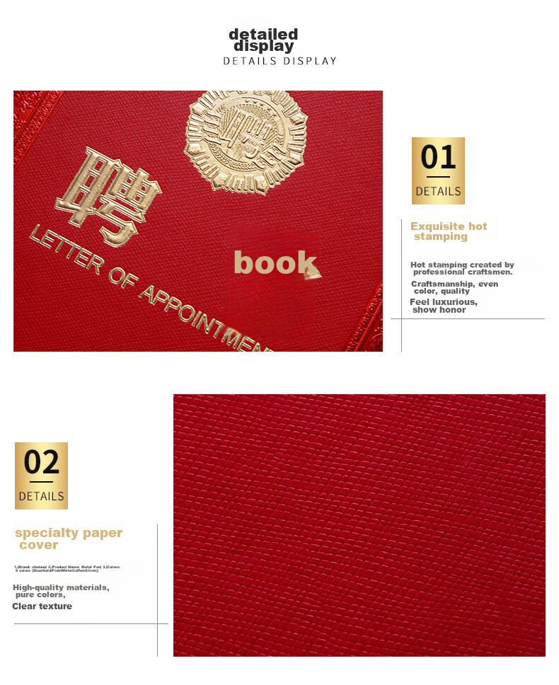 Ouliwen Honorary Certificate Gold-Stamped Award Certificate with Glossy Cover, High-End Employee Award, 8K Size, with 10 Inner Pages, Pack of 10 10