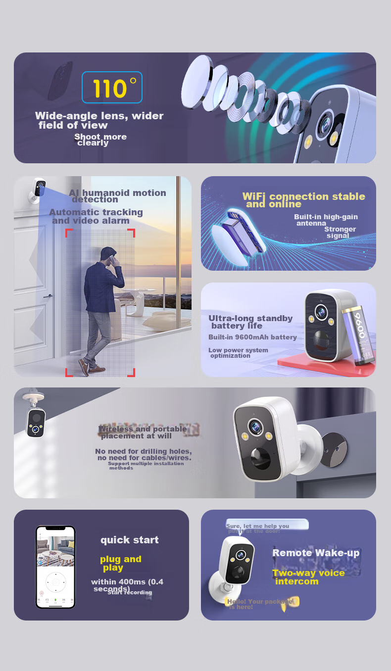 Boorgeel Wireless Camera, No-Plug Home AI Doorway Surveillance, Rechargeable Battery, Large Capacity, Long-Lasting Battery Life, WiFi, Remote Mobile Phone Calls, Night Vision, Outdoor Waterproof 2