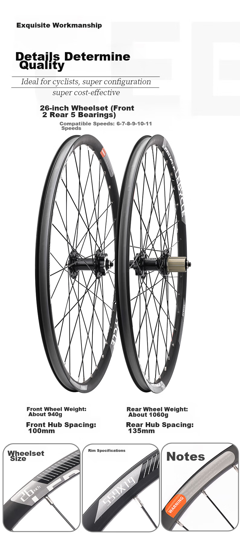 LEBYCLE 26-Inch Mountain Bike Wheel Set, Hub Assembly, Front And Rear Wheels, Complete Set with Disc Brakes, 5-Bearing Hub, Flower Drum Wheel 11