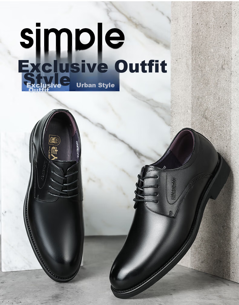 LAORENTOU Men's Leather Shoes, Business Formal Shoes, Top-Grain Leather, Breathable, Wear-Resistant, Non-Slip, Dad Shoes, 160208 Black, Size 38 2