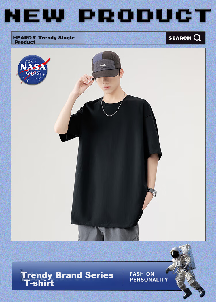 NASA GISS Official Trendy Short-Sleeve T-Shirt, Summer Pure Cotton Solid Color Undershirt, Loose-Fitting Men's Half-Sleeve, White, S 1