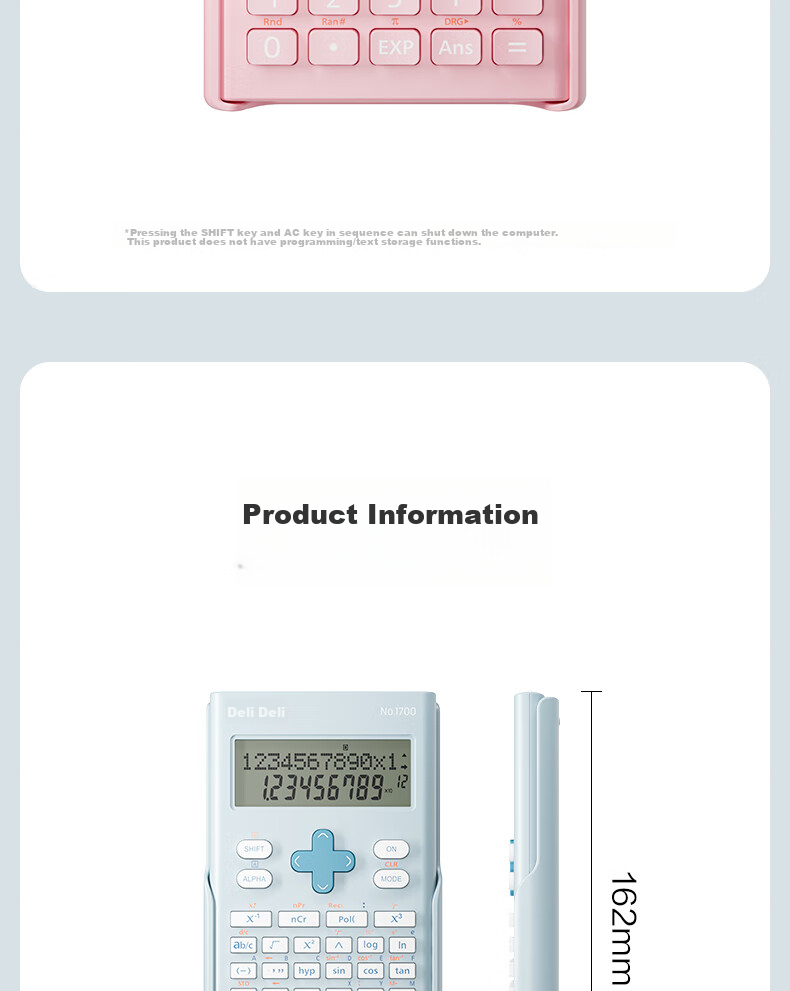 Deli Fashion Scientific Calculator with Dual-Line LCD Display And 240 Functions (For Middle And High School Students) Light Pink 1700 14