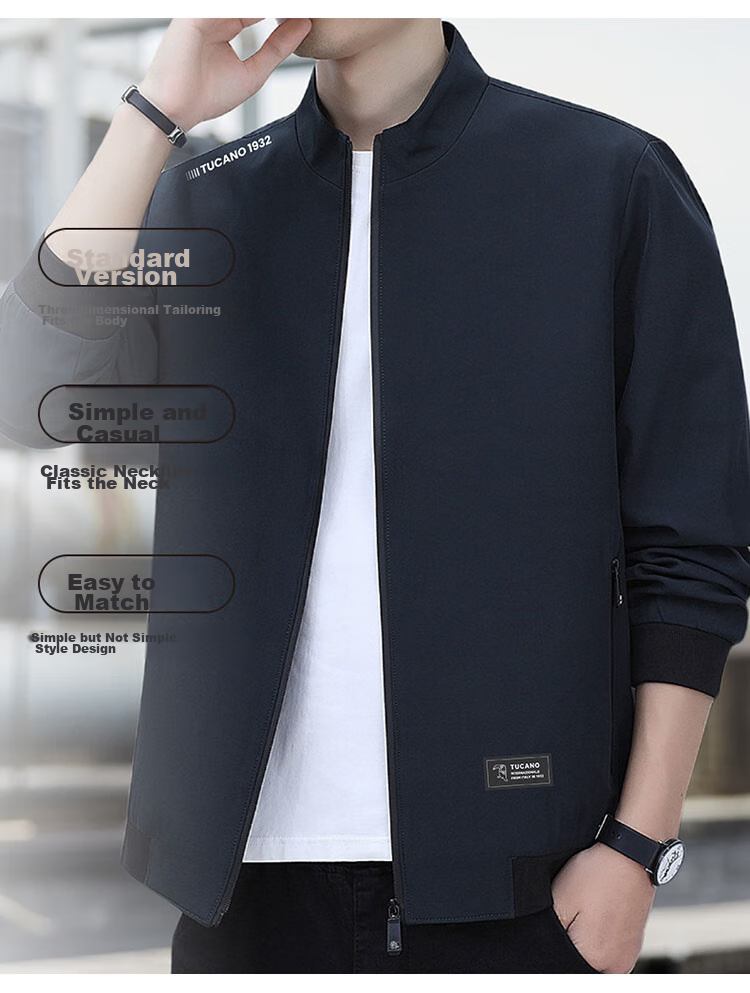 TUCANO Men's Jacket, Spring And Autumn Business Casual Executive Stand-Collar Loose Fit Coat, Black, 2XL 6