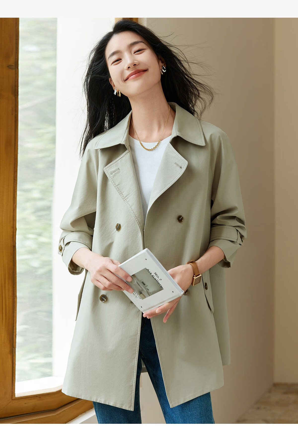 Chushen Spring And Autumn Casual Jacket for Women, Double-Breasted Windbreaker with Raglan Sleeves, British Retro Style Elegant Fashion Top S143U8002 2