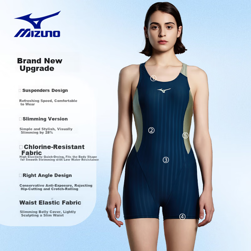 MIZUNO Women's One-Piece Swimsuit, Square Leg, Professional Training, Fashionable Slimming, Hot Spring Swimwear, Conservative Equipment, AC336 Blue M