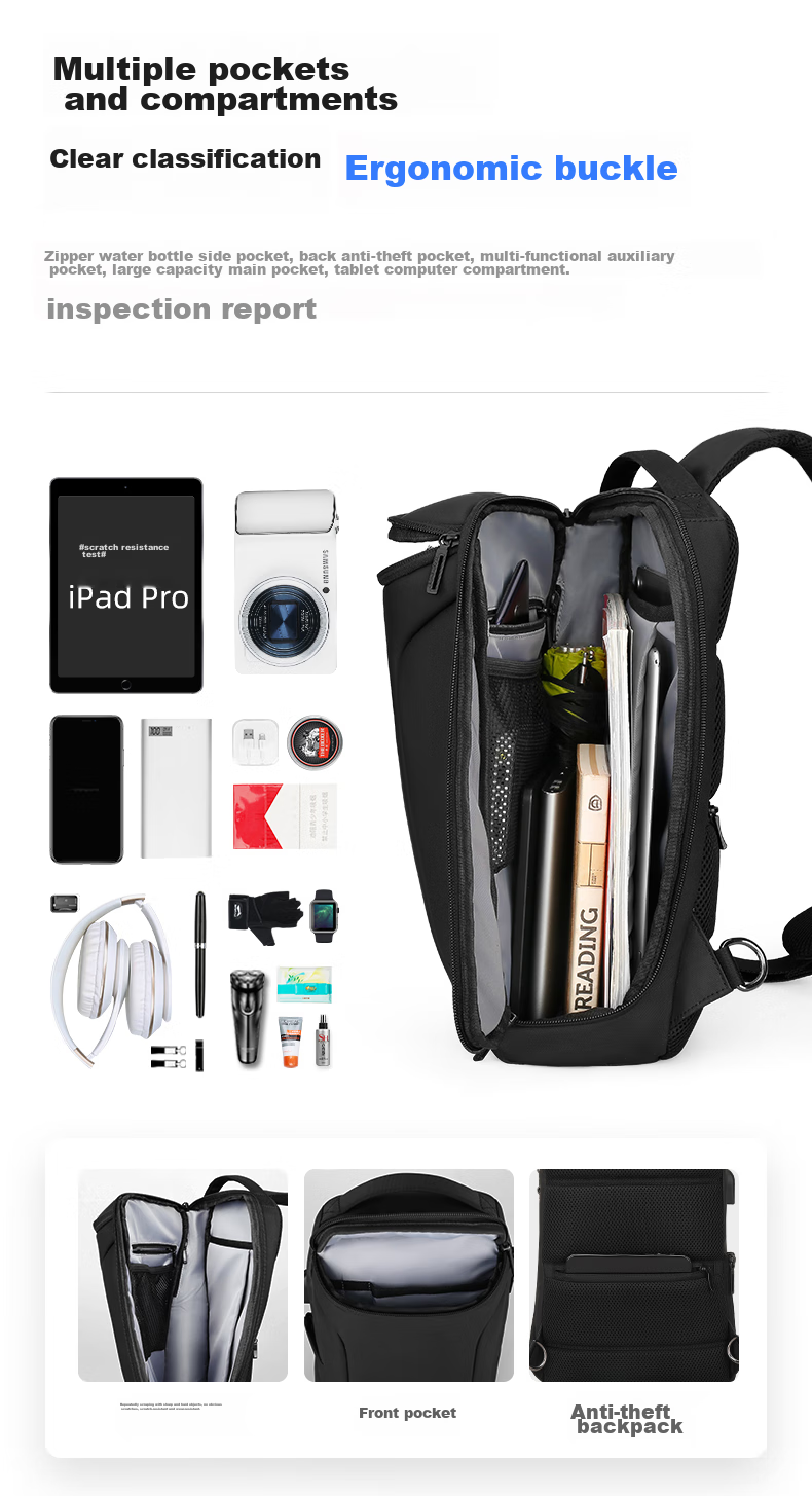 MARK RYDEN Men's Shoulder Bag, Business Casual Crossbody Bag, Water-Resistant Chest Pack, Fashionable Sports Mini Backpack MR7069 Elegant Black 4