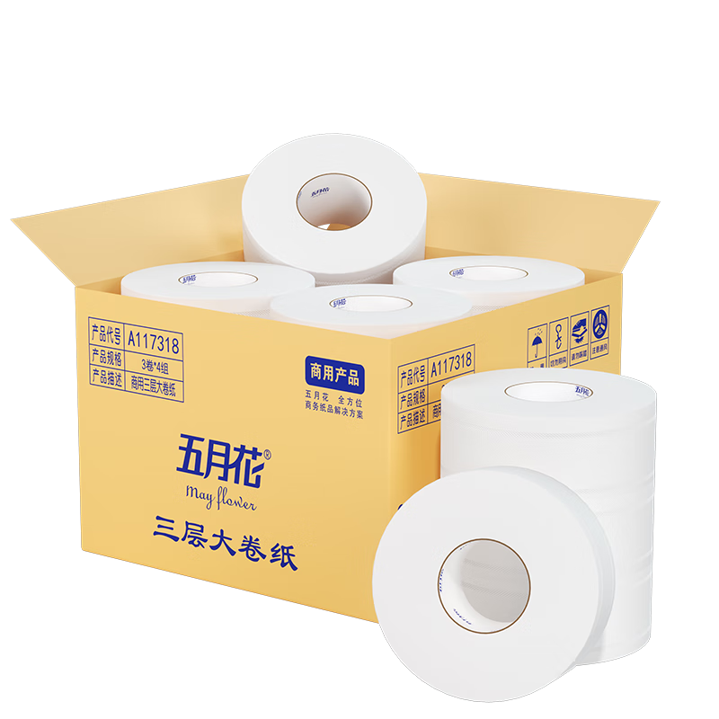 May Flower Core Roll Toilet Paper, 3-Ply, 180 Meters * 12 Rolls, Commercial Use for Hotels And Shopping Malls, Large Roll Toilet Paper, Whole Box A117318