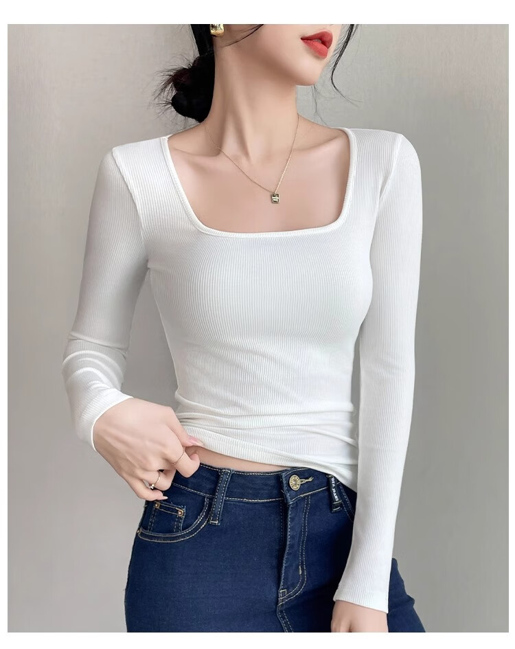 NOME Square Neck Ribbed Long Sleeve T-Shirt for Women, Autumn New Style Design Waist-Cinching Slimming Inner Layer Top, Black, M 14