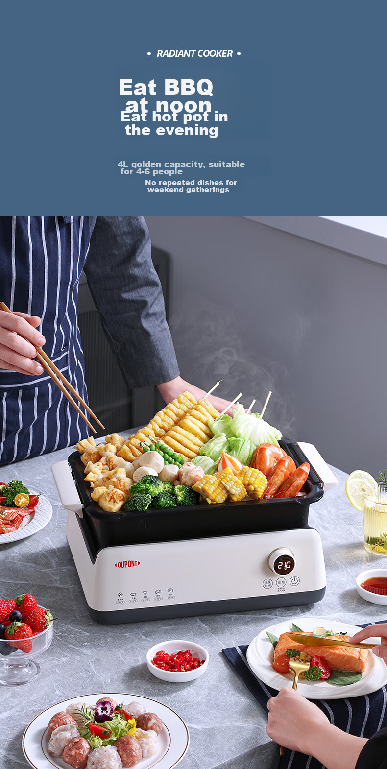 DU PONT Electric Grill Pan, Multifunctional Smokeless Ceramic Non-Stick Pot, Detachable Electric Hot Pot And Cooking Pot, for Home Use by 3-4 People, Grill And Hot Pot Combo (Grill Pan + Hot Pot) 13