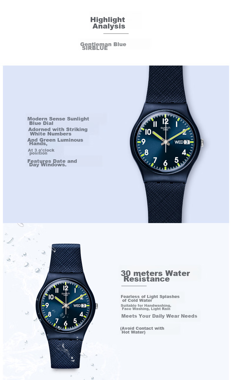 Swatch Swiss Watch, Dual Calendar for Middle And High School Students' Exams, Men's Quartz Wristwatch, Graduation Gift, Gentleman Blue 2.0 2