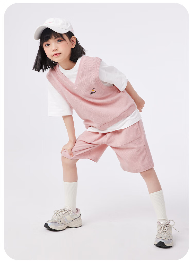 QQ DUCK Girls' Summer Outfit Set, Children's Sports Short-Sleeve Shorts, Youth Clothing, Waffle Texture, Green; Size 120 16