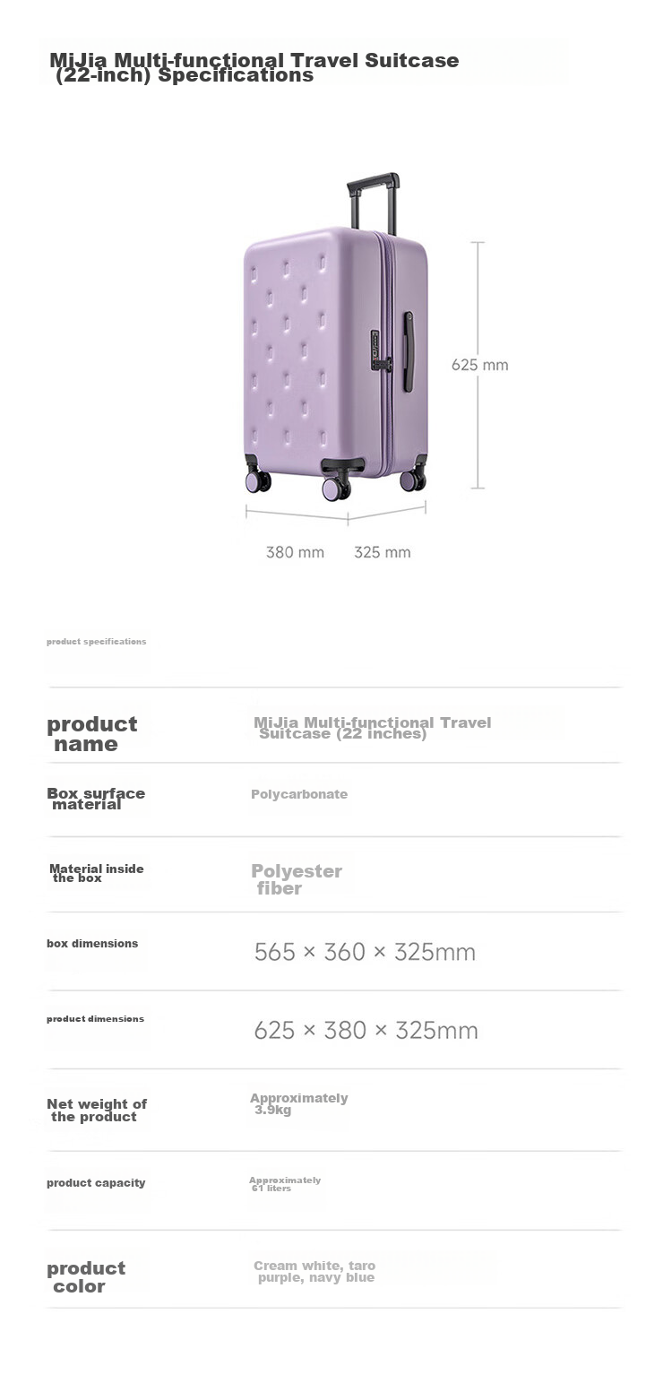 Mijia Xiaomi Suitcase, 22-Inch Trolley Case, Multifunctional Travel Luggage, Spinner Wheels, Combination Lock, Unisex Suitcase, Cream White 7