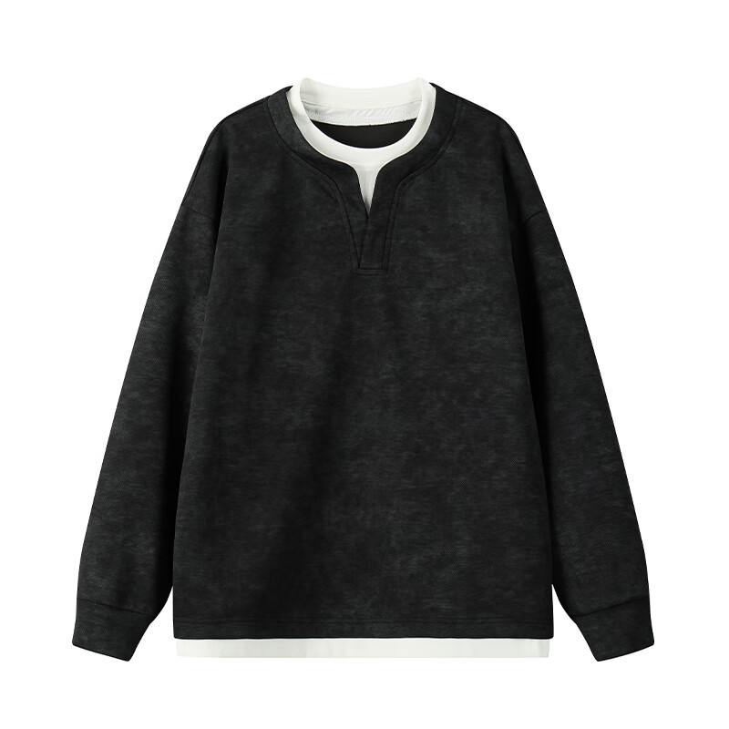 Dingfengbaoluo Men's American Style Two-in-One V-Neck Tie-Dye Casual Long Sleeve Sweatshirt Autumn Loose Fit Black M XWC12