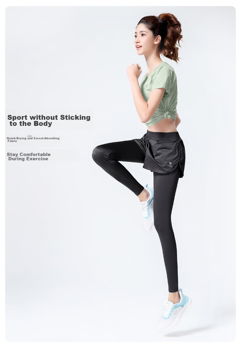 CAMEL Women's Sportswear Set, New Yoga Fitness Pilates Elastic Short-Sleeve Top And Long Pants, Anti-Exposure Two-Piece Athletic Outfit 4