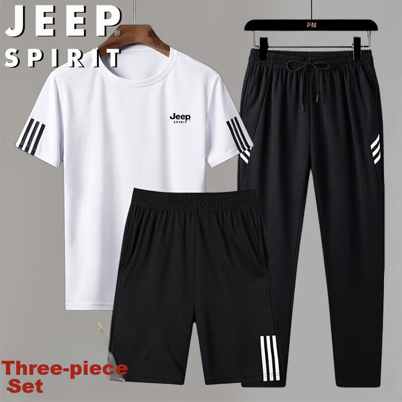 JEEP SPIRIT Men's Summer Short-Sleeve T-Shirt Set of Three, Versatile Outdoor Sports Outfit, White Three-Piece Set, 4XL