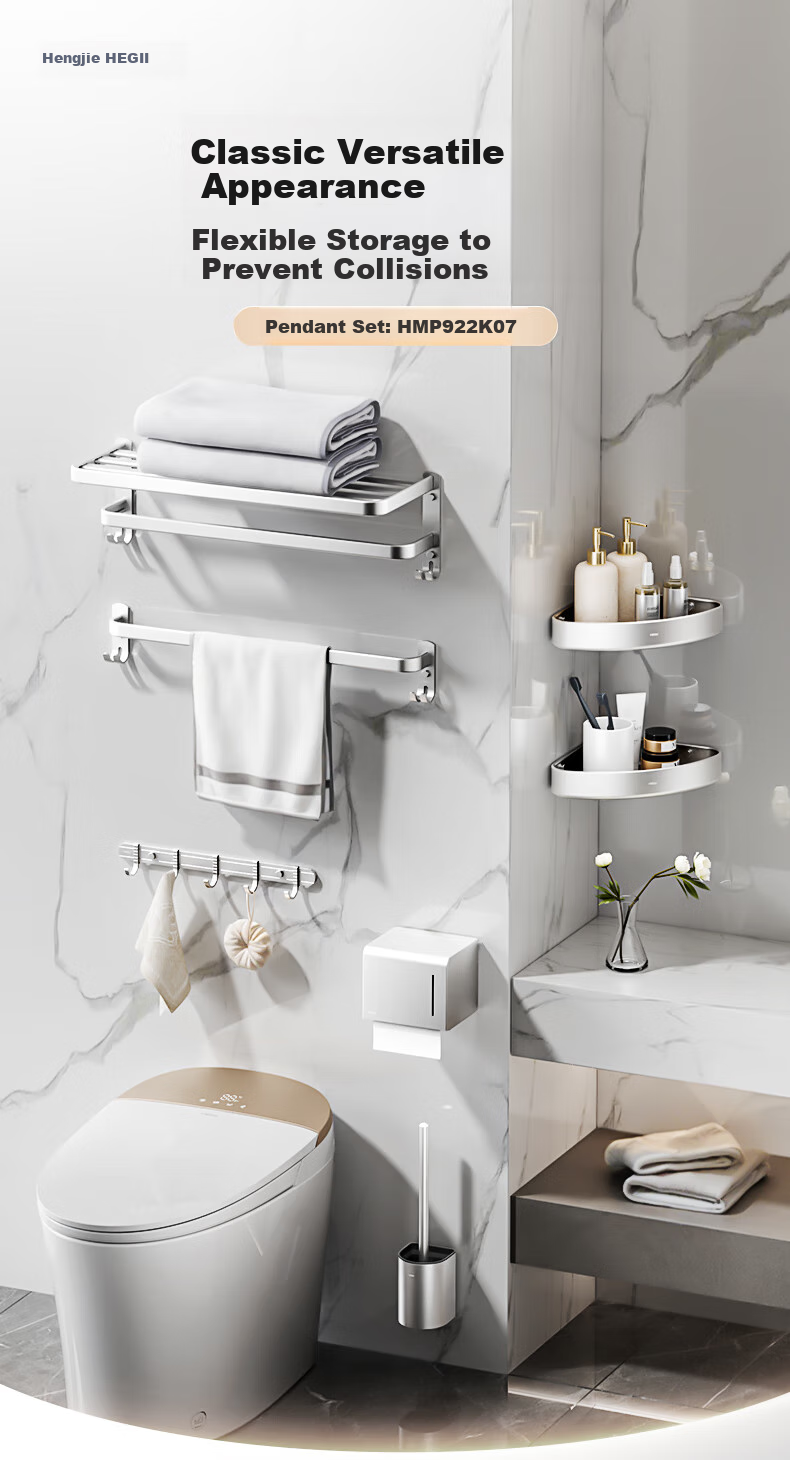 HEGII Wall Hanging Set, Bathroom Storage Rack Towel Holder No-Drill Space Aluminum Accessories 7-Piece Set HMP922K07 1