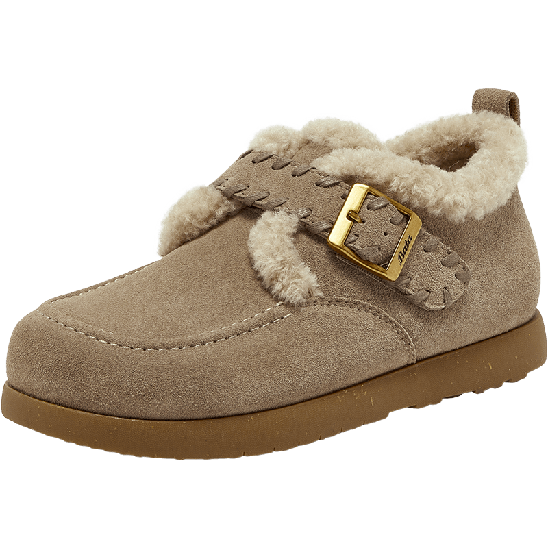 Bata Birken Fur Women's Winter 2025 British Style Cow Split Leather Flats 30922DM5 Gray Size 36